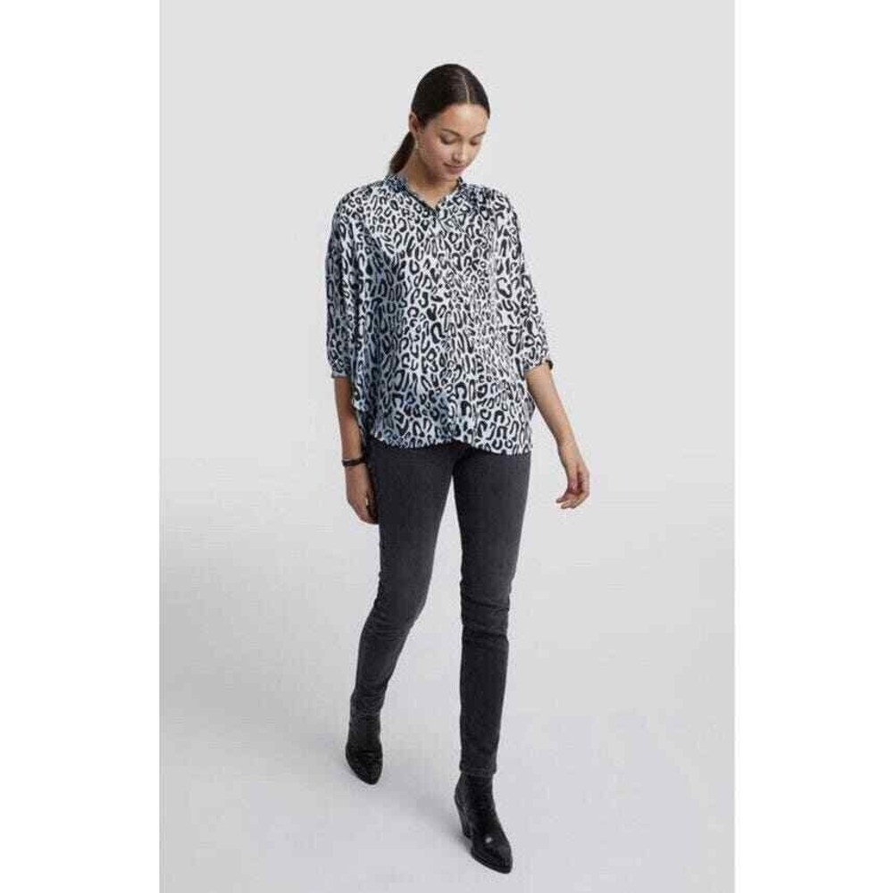 Rebecca Minkoff Fleur Shirt Womens XXL Blue Leopard Print Button Up 3/4 Sleeves